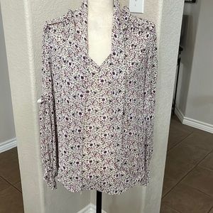 Max Studio cream with purple & green small floral print chiffon blouse Size S
